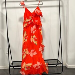 Future collective,Elegant Red Floral Maxi Dress with Ruffle Accents